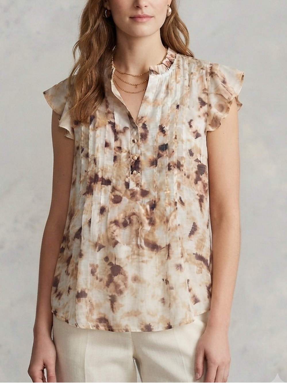 Kate Park Womens Sleeveless Ruffle Neck Tie-Dye Blouse - Brown/Cream